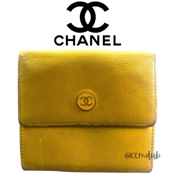 💛 Chanel Wallet Coco Button Double Snap Yellow Leather Compact Trifold Vintage - Picture 1 of 15